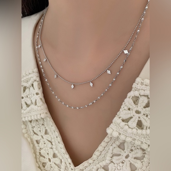 Silver Double Layered Necklace*Layering Necklace*Waterproof and Sweatproof - Picture 4 of 6